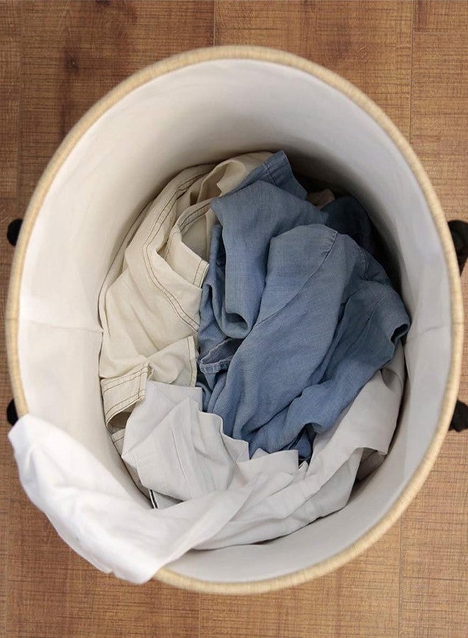 Kiwilon Folding Laundry Basket for Clothes, Round Collapsible Storage Basket I Jumbo Laundry Bag For Clothes With Rope Handle (50 x 40 CM) (Beige) - Image 3